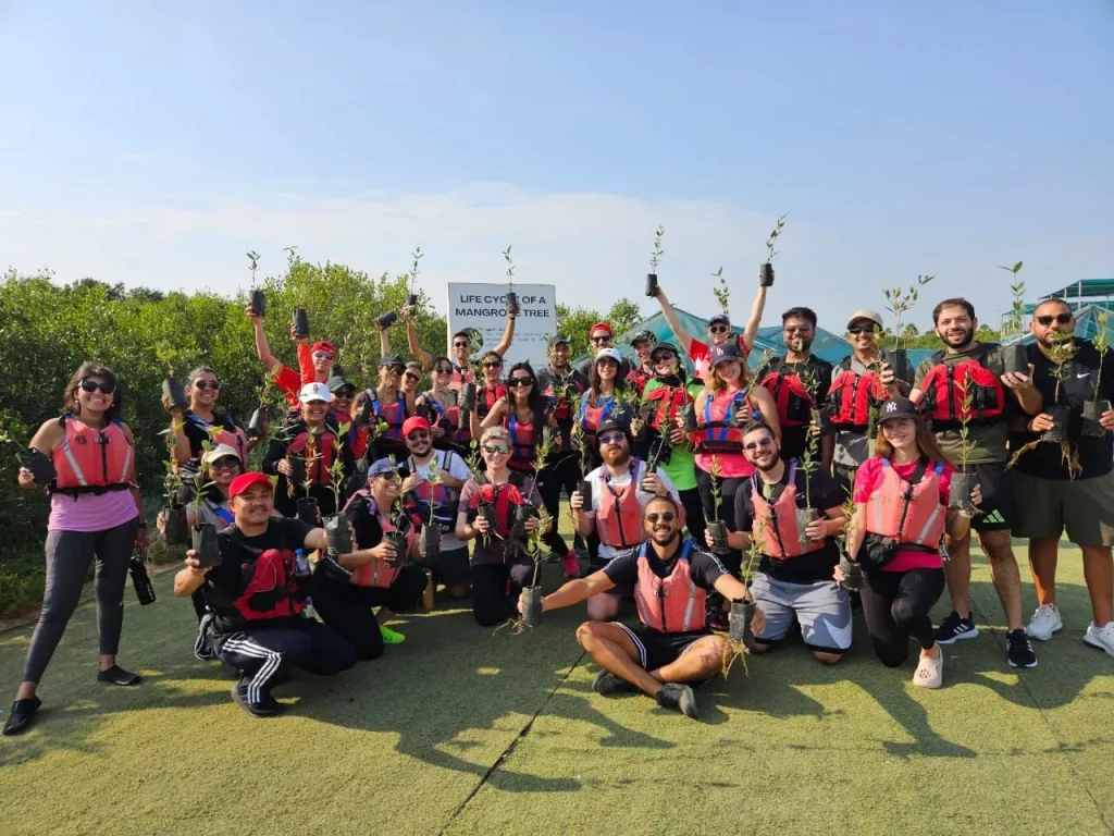 Volunteers in life jackets planting mangroves together