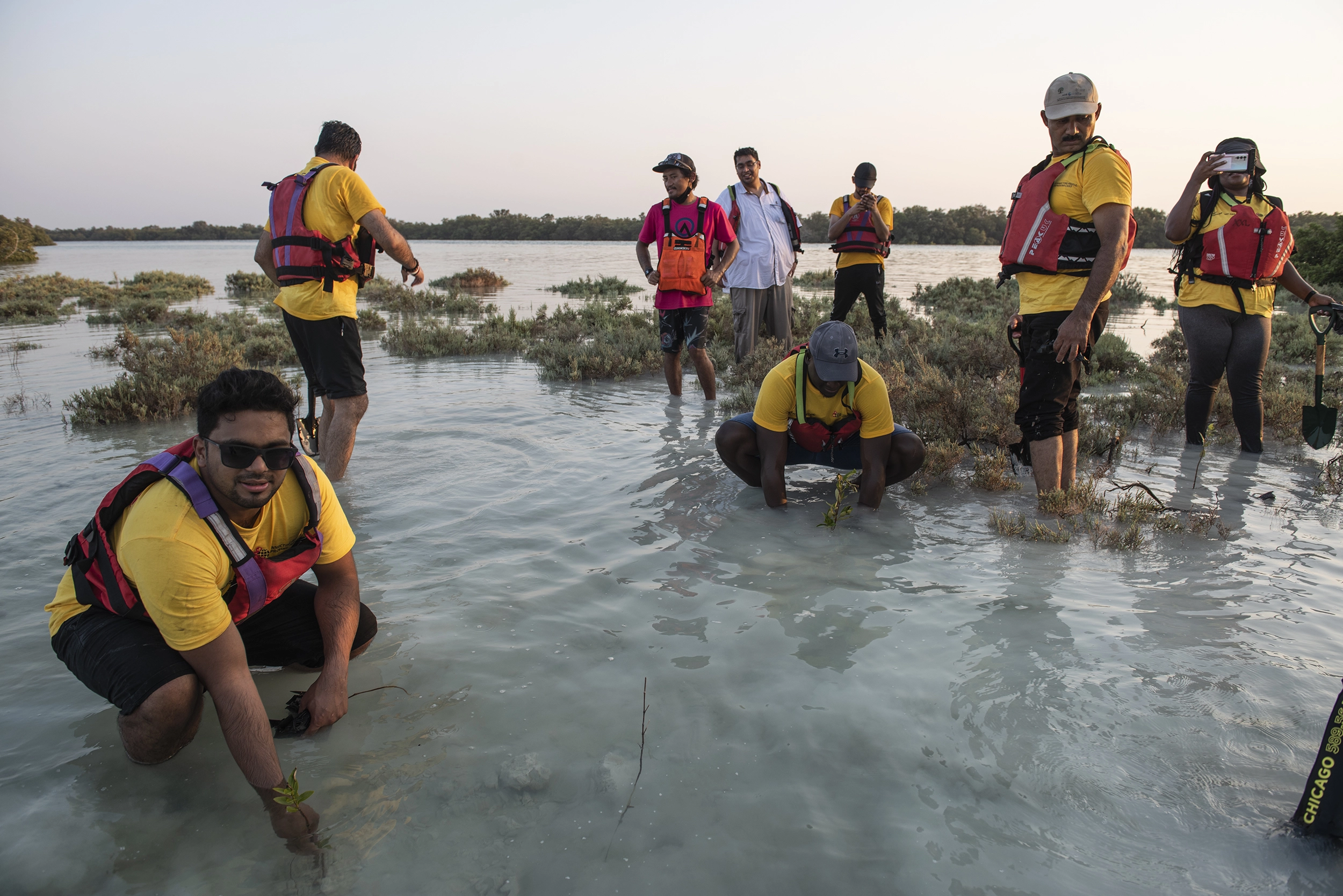 Group of people wearing life jackets standing in a shallow body of water with vegetation.