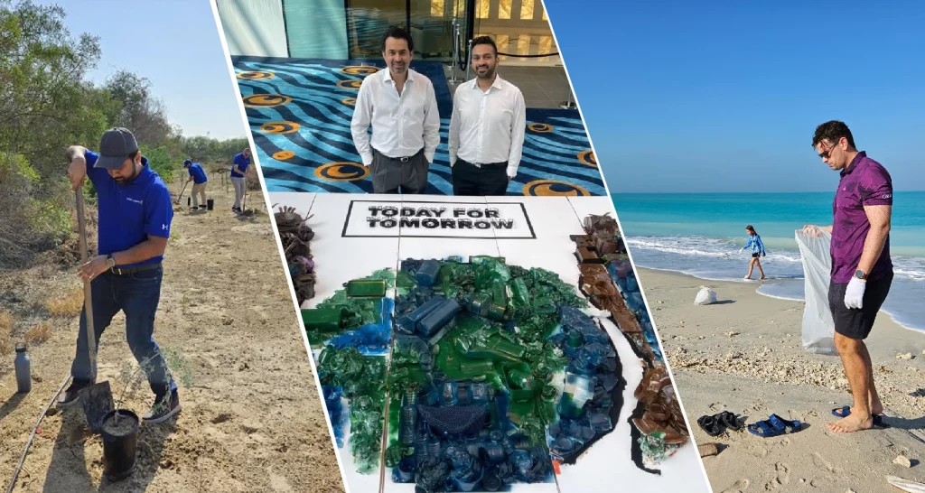 A collage showing environmental efforts: individuals cleaning debris, a display of colored glass, and a beach clean-up scene.