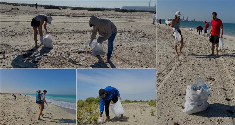 Collage of volunteers cleaning a beach, collecting trash and walking along the shoreline under a clear blue sky.