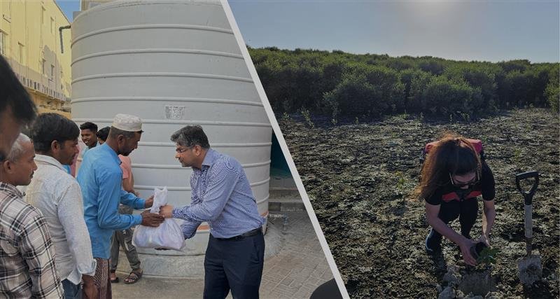 Two scenes: a group of people gather around a water tank, while a woman kneels in a field, working on environmental conservation.