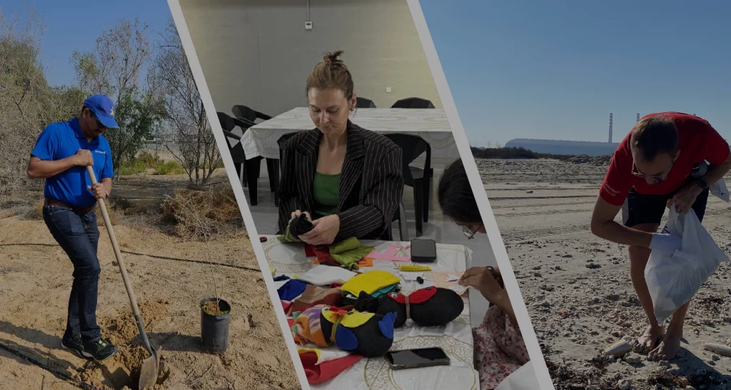 Collage of three images: a person digging outdoors, another crafting with fabric, and someone collecting items on a beach.