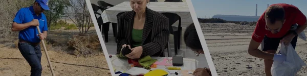 Collage of three images: a person digging outdoors, another crafting with fabric, and someone collecting items on a beach.