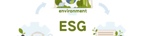 Illustration depicting sustainability themes in ESG, featuring the Earth, solar panels, greenery, and the acronym "ESG" prominently displayed.