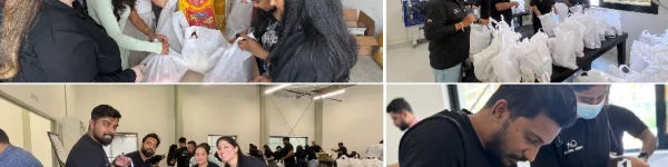 A group of individuals collaborates in a bright space, assembling packages and distributing supplies, showcasing teamwork and community effort.