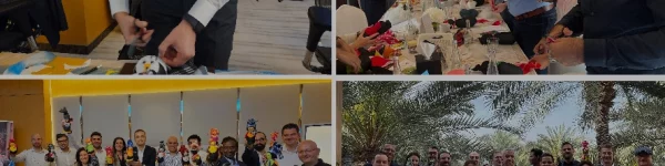 Collage of team-building activities: crafting with colorful materials, a group photo in a bright setting, and a gathering under palm trees.