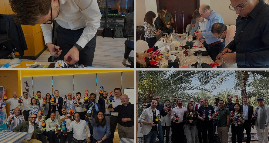 Collage of team-building activities: crafting with colorful materials, a group photo in a bright setting, and a gathering under palm trees.