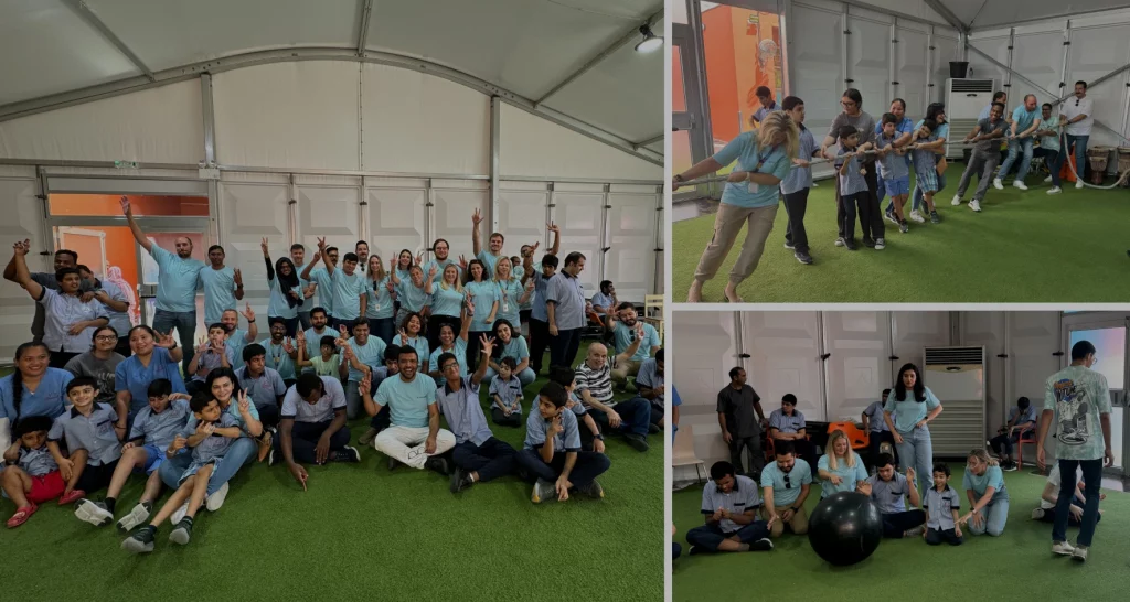 A group of diverse individuals in matching light blue shirts celebrate joyfully together, with some activities and interactions captured.