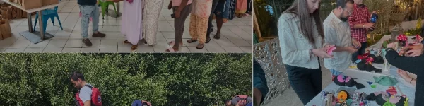 Diverse group of people engaging in activities: crafting, socializing, and enjoying community interaction in a vibrant setting.