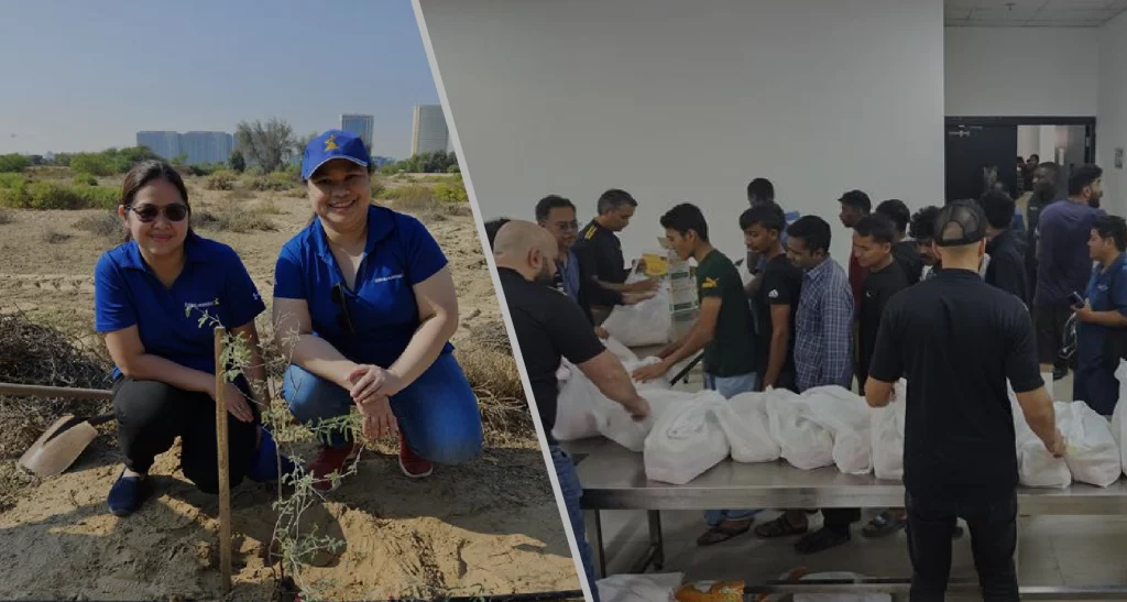 Two scenes: one with individuals planting trees in a dry area and another showing a group packaging supplies in a community effort.