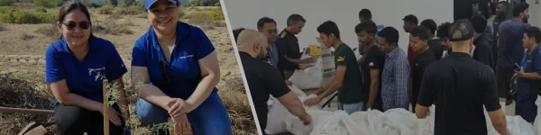 Two scenes: one with individuals planting trees in a dry area and another showing a group packaging supplies in a community effort.