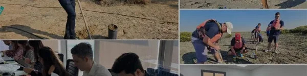 A collage of fieldwork and classroom activities, showcasing volunteers and researchers engaged in environmental studies and data collection.