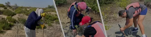Three individuals in outdoor gear planting and tending to young plants in a natural landscape, focused on restoration efforts.