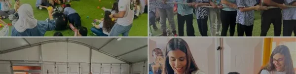 Students engage in team-building activities outdoors and indoors, showcasing collaboration and enjoyment in a vibrant setting.