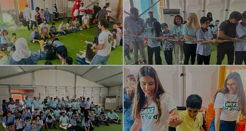 Students engage in team-building activities outdoors and indoors, showcasing collaboration and enjoyment in a vibrant setting.