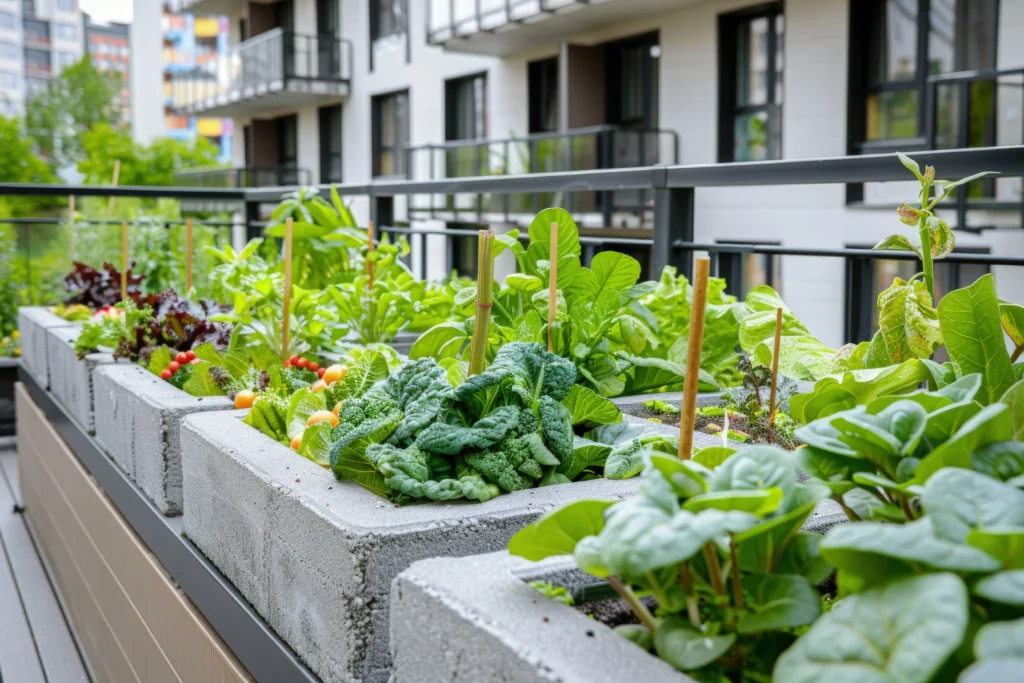 Lush rooftop garden with vibrant leafy greens, colorful tomatoes, and herbs thriving in concrete planters surrounded by a modern railing.