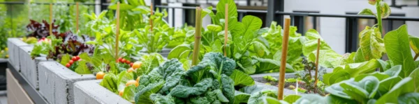 Lush rooftop garden with vibrant leafy greens, colorful tomatoes, and herbs thriving in concrete planters surrounded by a modern railing.