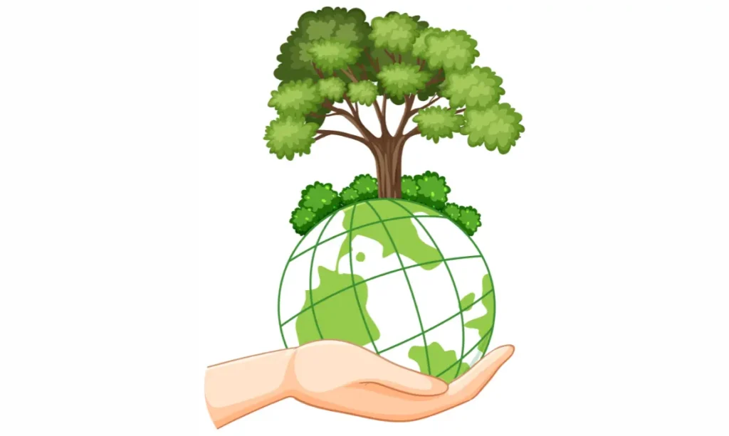 Hand cradles Earth with lush tree growing atop