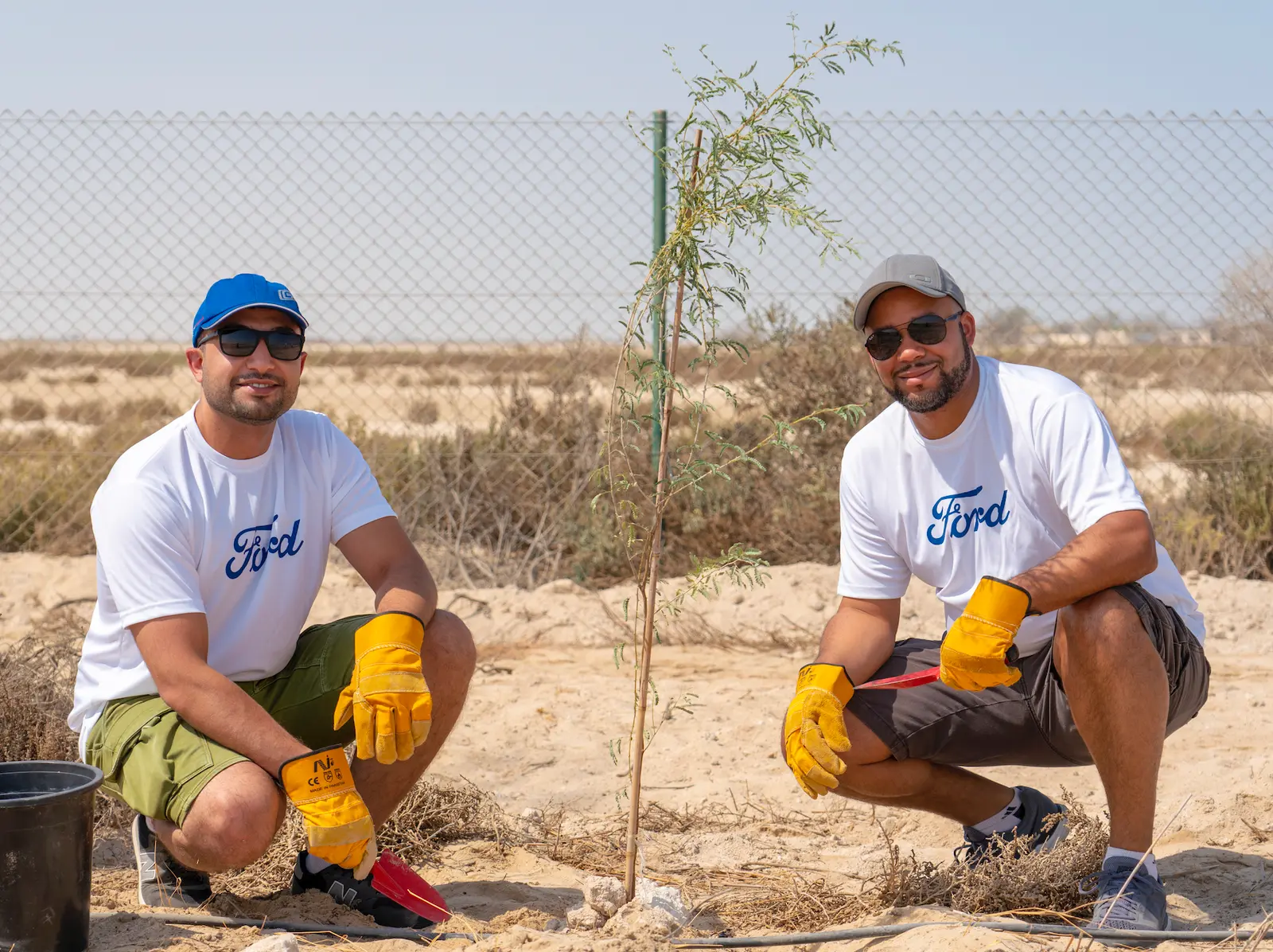 Two men kneel beside a newly planted tree in a desert, smiling in the sun. They wear 